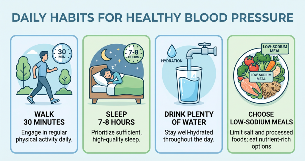 An infographic chart showing daily lifestyle habits to manage and lower blood pressure naturally.