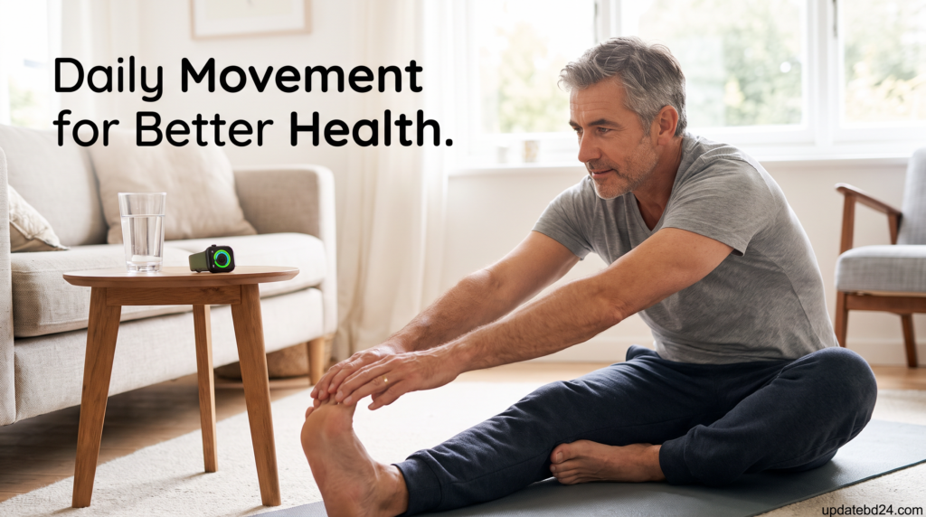 A man stretching in his living room to support insulin sensitivity.