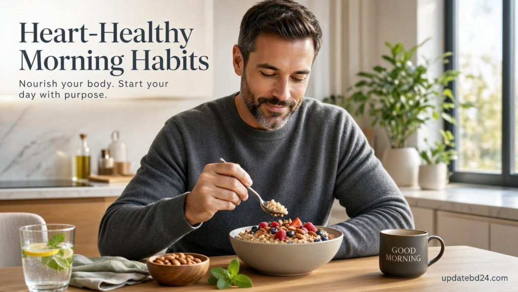 A man eating oatmeal showing how to lower cholesterol naturally without medication through healthy foods.