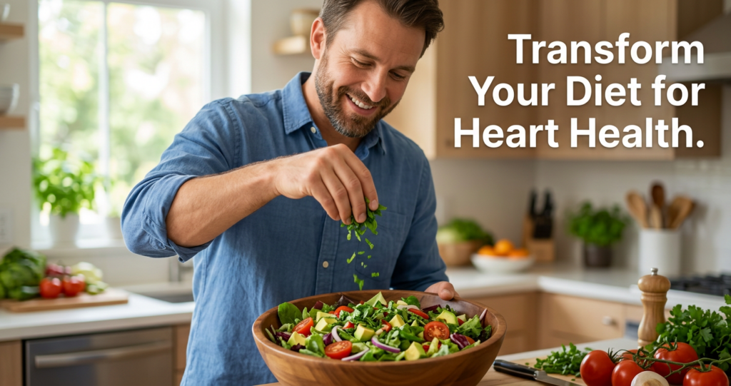 A man preparing a healthy meal full of vegetables to help manage his cardiovascular health naturally.