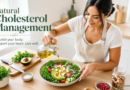 A woman making a healthy salad to show how to lower cholesterol naturally without medication safely at home.