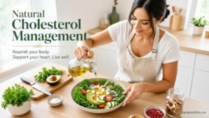 A woman making a healthy salad to show how to lower cholesterol naturally without medication safely at home.