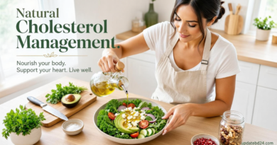 A woman making a healthy salad to show how to lower cholesterol naturally without medication safely at home.