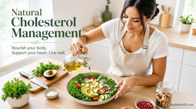 A woman making a healthy salad to show how to lower cholesterol naturally without medication safely at home.