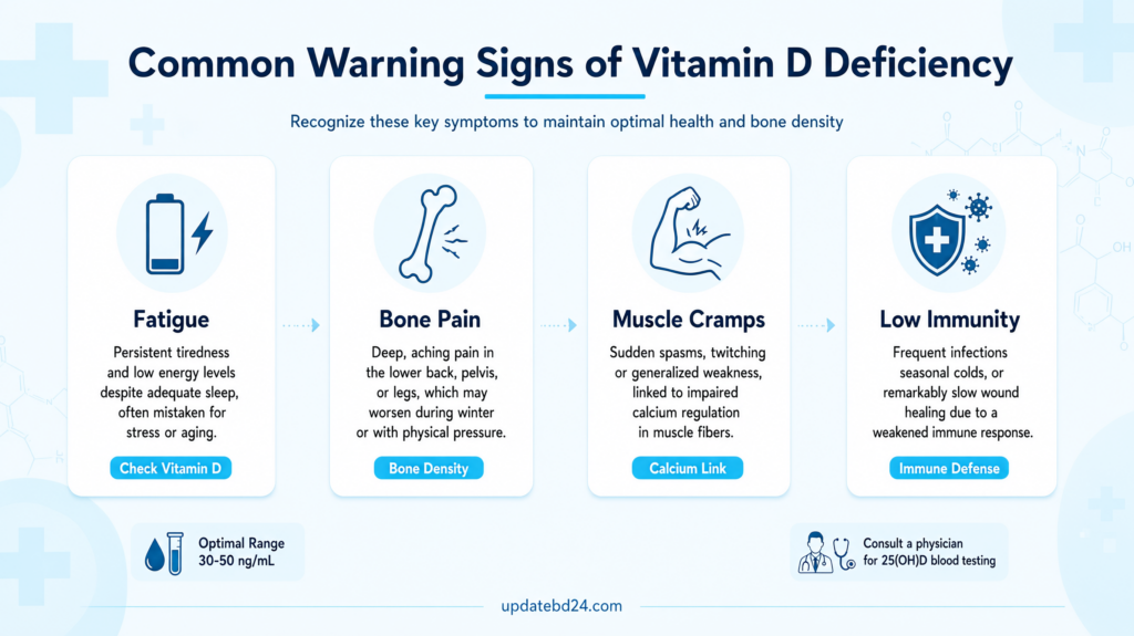 A medical chart showing the warning signs of vitamin D deficiency including fatigue and bone pain.